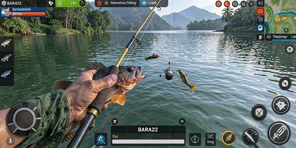 Tampilan gameplay <strong>BARA22</strong> dengan suasana memancing yang menakjubkan.