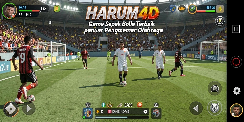 Screenshot utama HARUM4D menampilkan aksi sepak bola yang menegangkan.