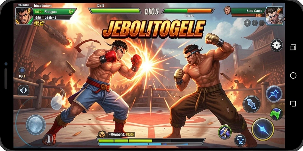 Screenshot gameplay JEBOLTOGEL yang menunjukkan pertarungan seru dan karakter unik.