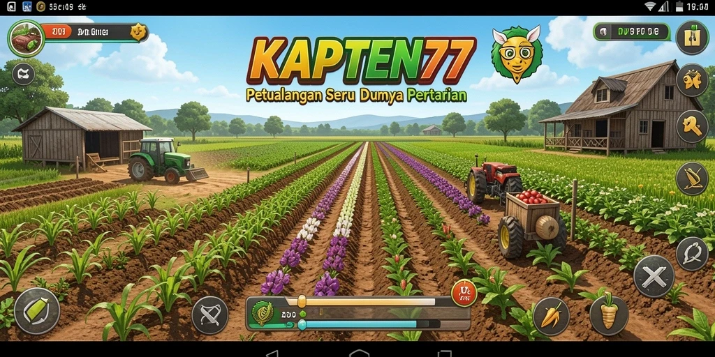 Tangkapan layar KAPTEN77 menampilkan aktivitas bertani yang mendetail dan penuh warna.
