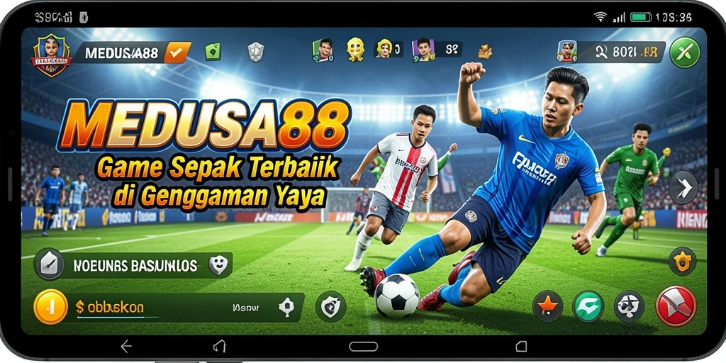 Tampilan gameplay yang dinamis dalam MEDUSA88, menampilkan aksi sepak bola yang realistis.