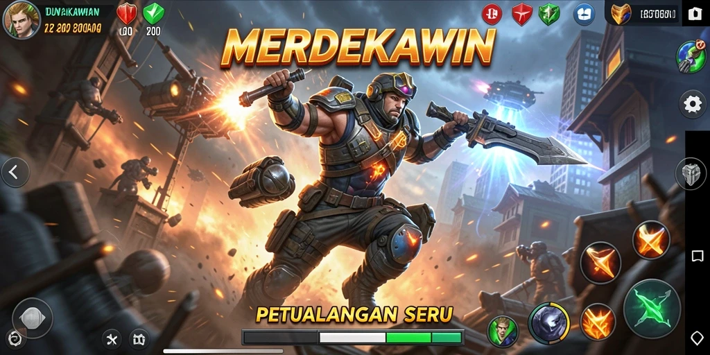 Tampilan aksi seru dalam gameplay MERDEKAWIN yang mendebarkan.