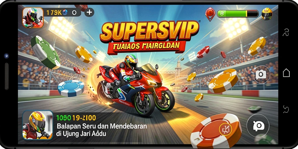 Screenshot utama SUPERSVIP menampilkan momen balapan yang mendebarkan.