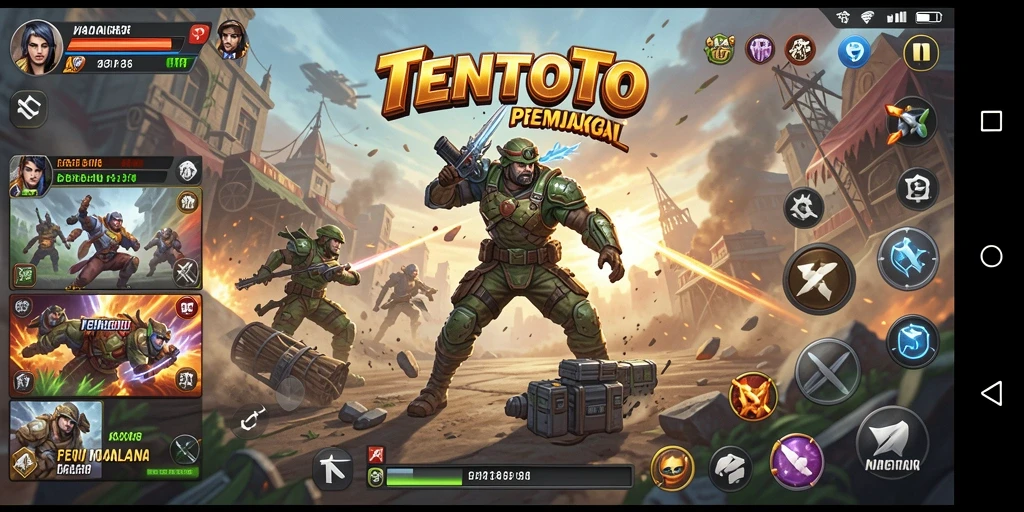 Screenshot utama TENTOTO menampilkan aksi seru dalam pertempuran melawan musuh.